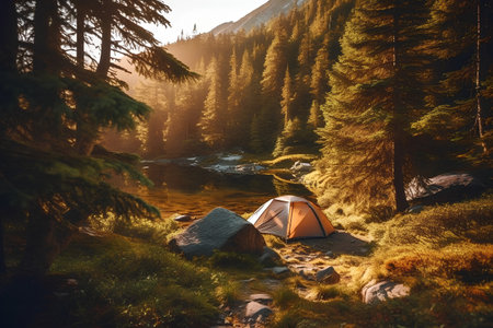 Camping near mountain lake with tent in the forest. Sunset.の素材