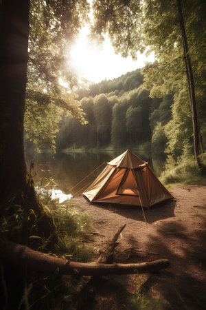 Camping tent on the shore of a lake in the forest.の素材