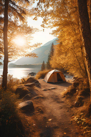 Camping in the forest on the shore of Lake Baikalの素材