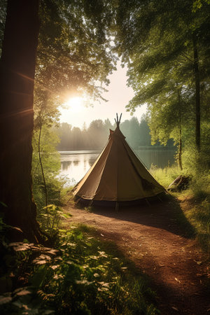 Camping tent on the shore of a lake in the forest.の素材
