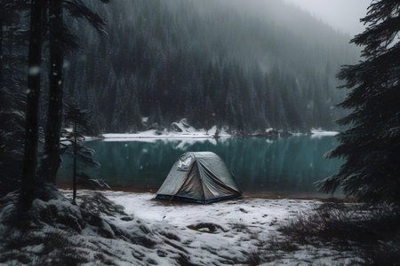 Tent on the shore of a mountain lake in the winter.の素材