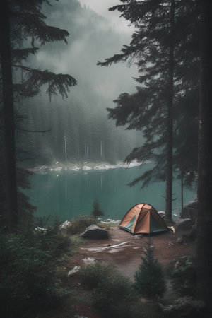 Camping on a foggy mountain lake in the Carpathiansの素材
