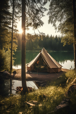 Camping tent on the shore of a lake in the forest.の素材