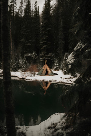 Camping on the shore of a lake in the winter forest.の素材