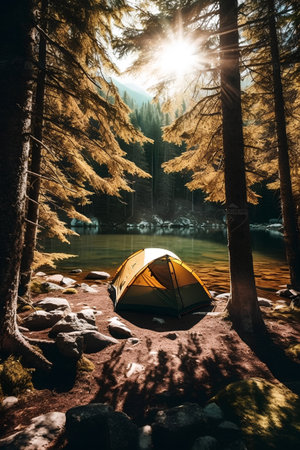 Camping tent on the lake in the mountains. Conceptual imageの素材
