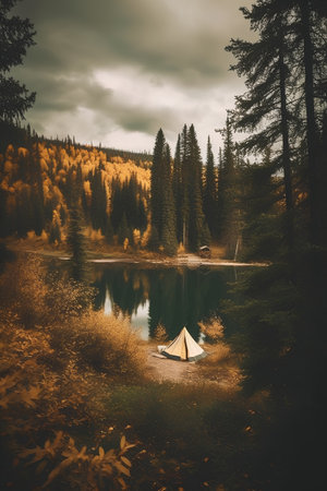 Beautiful autumn landscape with camping tent on the lake. Toned.の素材