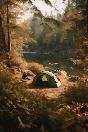 Camping in autumn forest. Camping tent on the lake shore.の素材