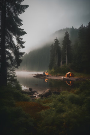 Camping on the shore of a lake in the mountains in the fogの素材