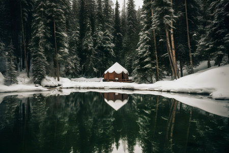 Fantastic winter landscape with snow covered fir trees and wooden house on lakeの素材