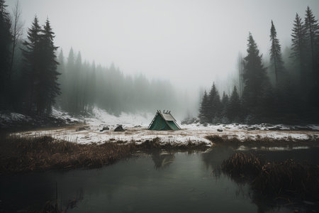 Tent on the lake in the winter forest. Foggy morningの素材