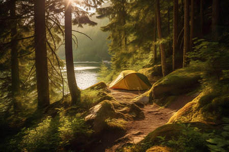 Camping tent on the shore of a mountain lake in the forestの素材