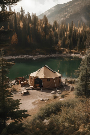Camping on the lake in the mountains. Toned image.の素材