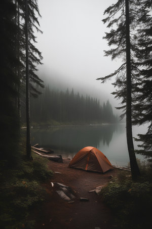 Camping tent on a lake in a foggy forest. Toned.の素材