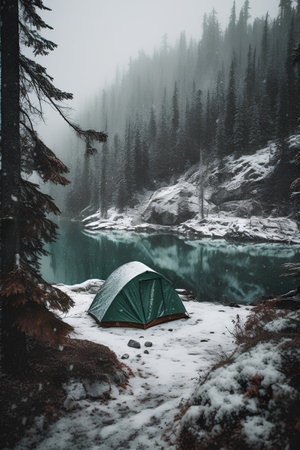Camping on the shore of a mountain lake in the winter.の素材