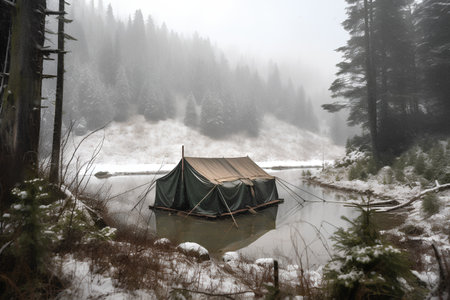 Camping tent on the bank of a frozen lake in the mountainsの素材