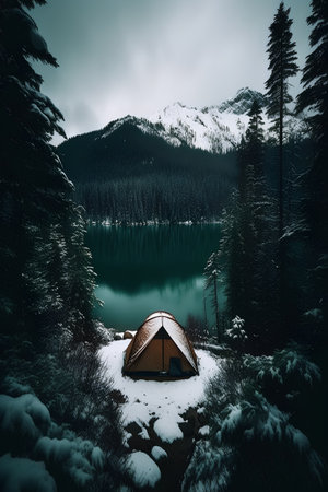 Tent on the shore of a lake in the mountains in winterの素材
