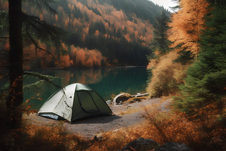 Camping on the shore of a mountain lake in the autumn forestの素材