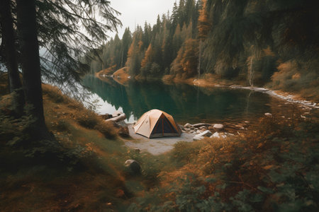 Camping on the shore of a mountain lake surrounded by forest.の素材
