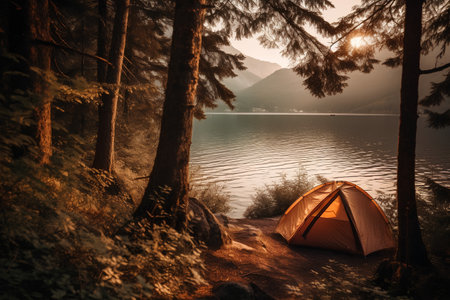 Camping on the shore of a mountain lake at sunset. Camping in the mountains.の素材