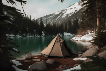 Camping tent on the shore of a mountain lake. 3d renderの素材