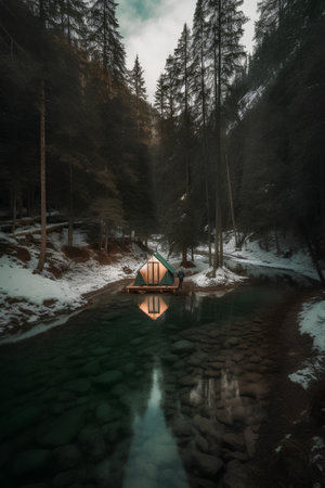 Camping on the mountain river in the winter forest. Landscape.の素材