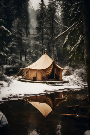 Camping tent in the forest on the lake in winter. Toned.の素材