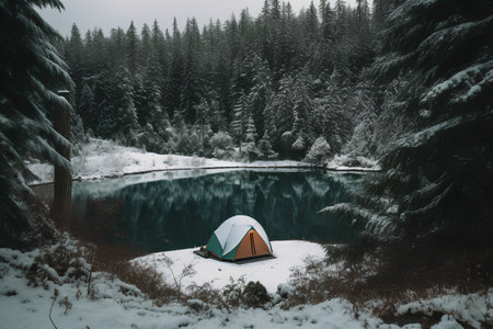 Camping on the shore of a mountain lake in the winter forest.の素材