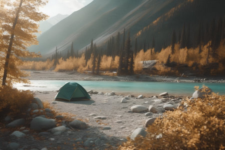Camping on the bank of a mountain river in the Altai mountainsの素材