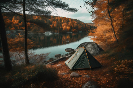 Camping tent on the shore of a lake in the autumn forestの素材