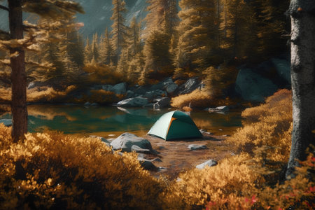 Camping in the autumn forest. Mountain lake with a tent.の素材