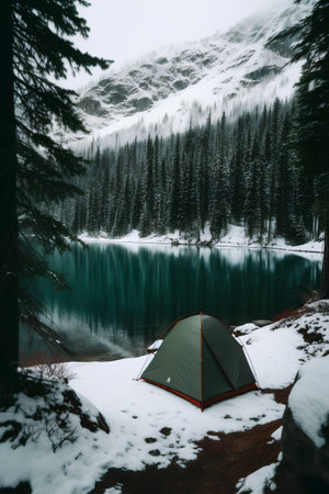 Camping on the shore of a mountain lake in the winter.の素材