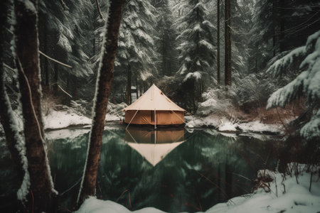 Camping tent on the shore of a lake in the winter forestの素材