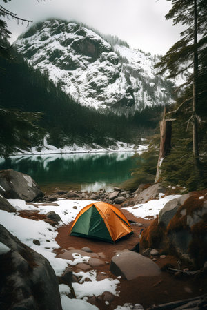 Camping on the shore of a mountain lake in the forest.の素材
