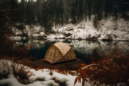 Camping on the shore of the lake in the winter forest.の素材