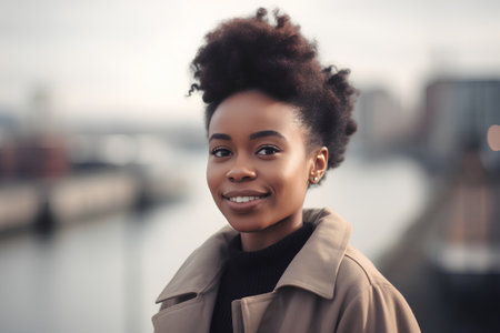 Beautiful african american woman with afro hairstyle in the cityの素材