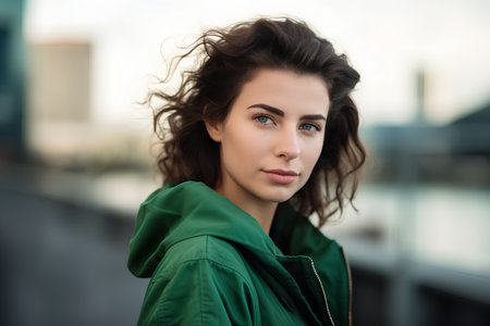 Portrait of beautiful young woman in green coat looking at camera outdoorsの素材