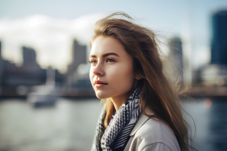 Portrait of a beautiful young woman in the city. Girl with long hairの素材