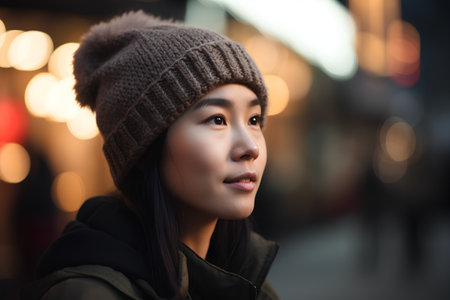Portrait of a beautiful asian woman wearing a warm hat.の素材