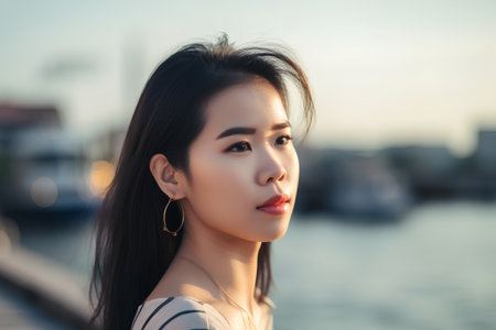 Portrait of a beautiful young asian woman on blurred city backgroundの素材