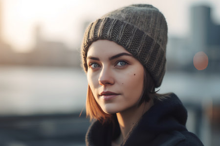 Portrait of a beautiful young woman in a hat and coat.の素材