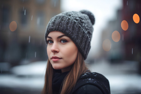 Portrait of a beautiful girl in a black hat on a background of a winter street.の素材