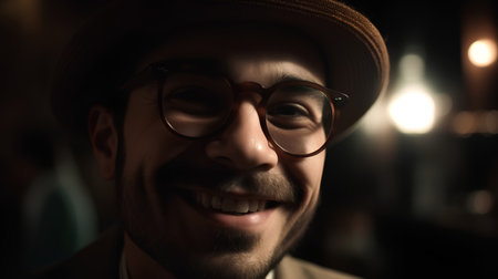 Portrait of a handsome man in hat and eyeglasses.の素材