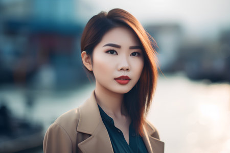 Beautiful asian woman with red lips and brown coat in the cityの素材