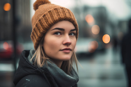 Beautiful young woman wearing a hat in the city. Portraitの素材
