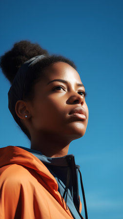 Close up portrait of young african american woman in sportswear.の素材