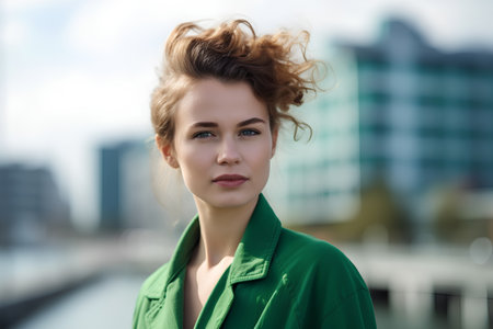 Portrait of a beautiful young woman in a green coat outdoors.の素材