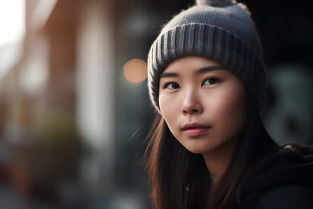 Portrait of a beautiful young asian woman wearing hat and coatの素材