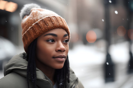 beautiful african american woman in winter hat looking at cameraの素材