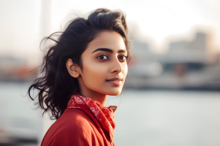 Portrait of a beautiful young woman in a red blouse.の素材