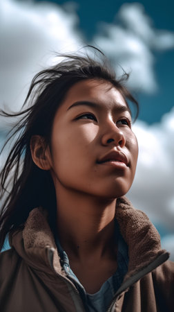 Portrait of a beautiful asian girl against blue sky with cloudsの素材